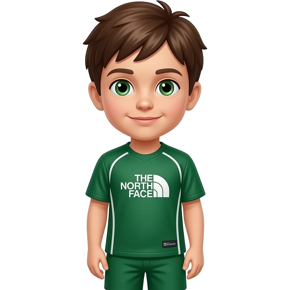 Un niño con un jersey verde, su cara es normal i su nariz también, ojos de color verde pantalones también verdes i el pelo de color marron i que el jersey se a north face emoji