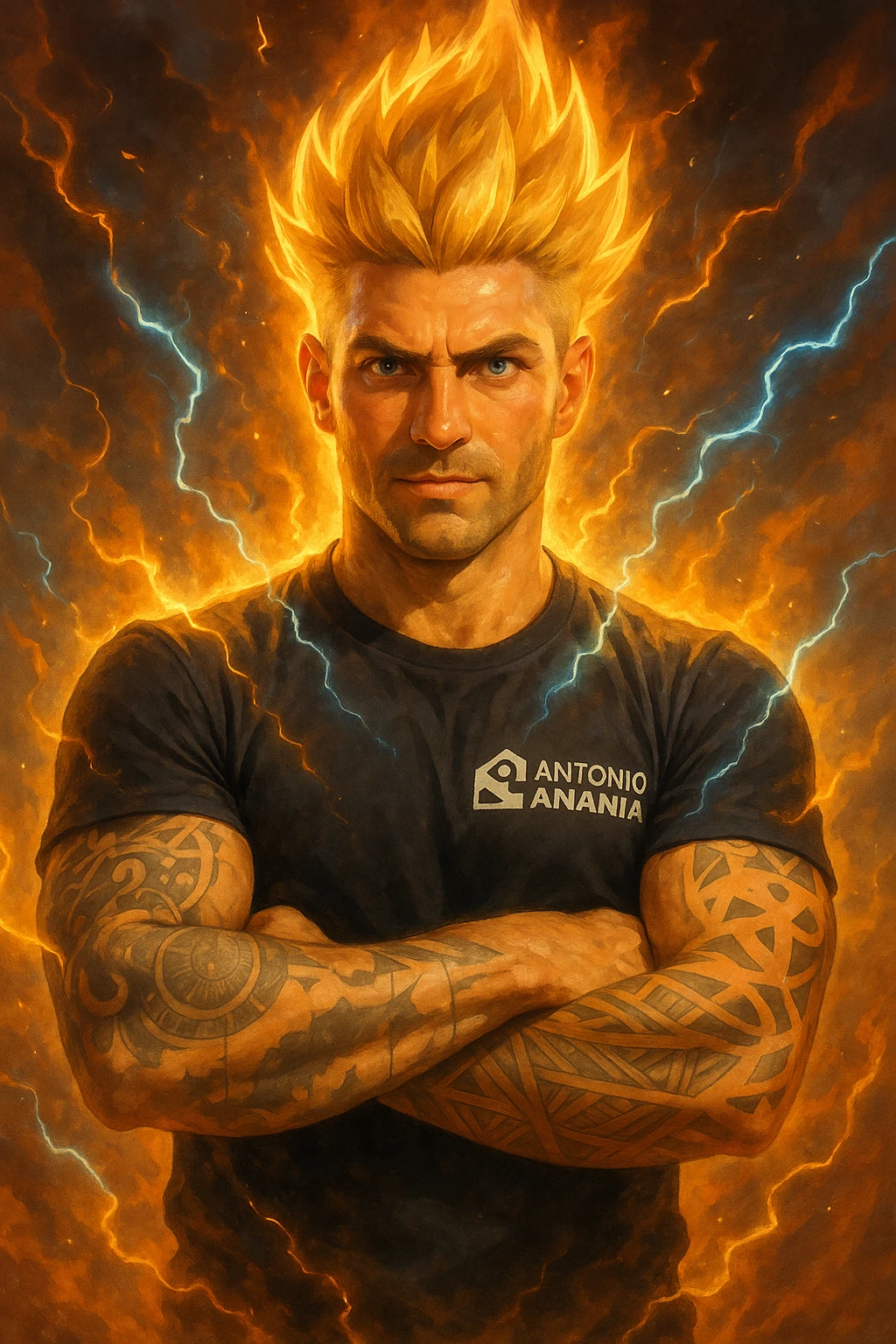 a muscular man with spiky hair stands in a powerful pose, surrounded by a glowing, fiery aura reminiscent of Goku’s Super Saiyan transformation. His eyes are intense and determined, and his body radiates energy and confidence. Lightning bolts and energy waves crackle around him, symbolizing a surge of testosterone and vitality. The background is dramatic, with swirling clouds and vibrant colors. emoji