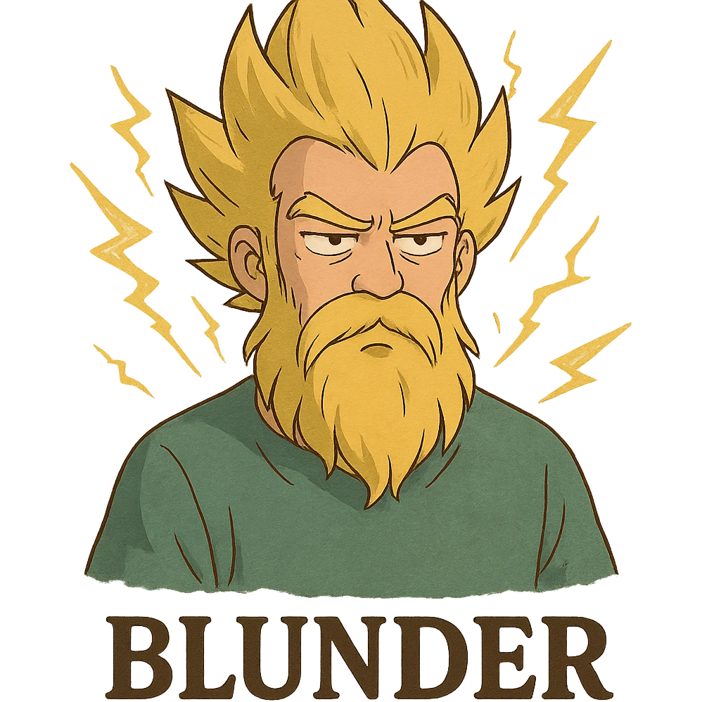 anime style protagonist with super Saiyan hair, long beard, lightning accents, unimpressed expression, the word 'blunder' at the bottom emoji