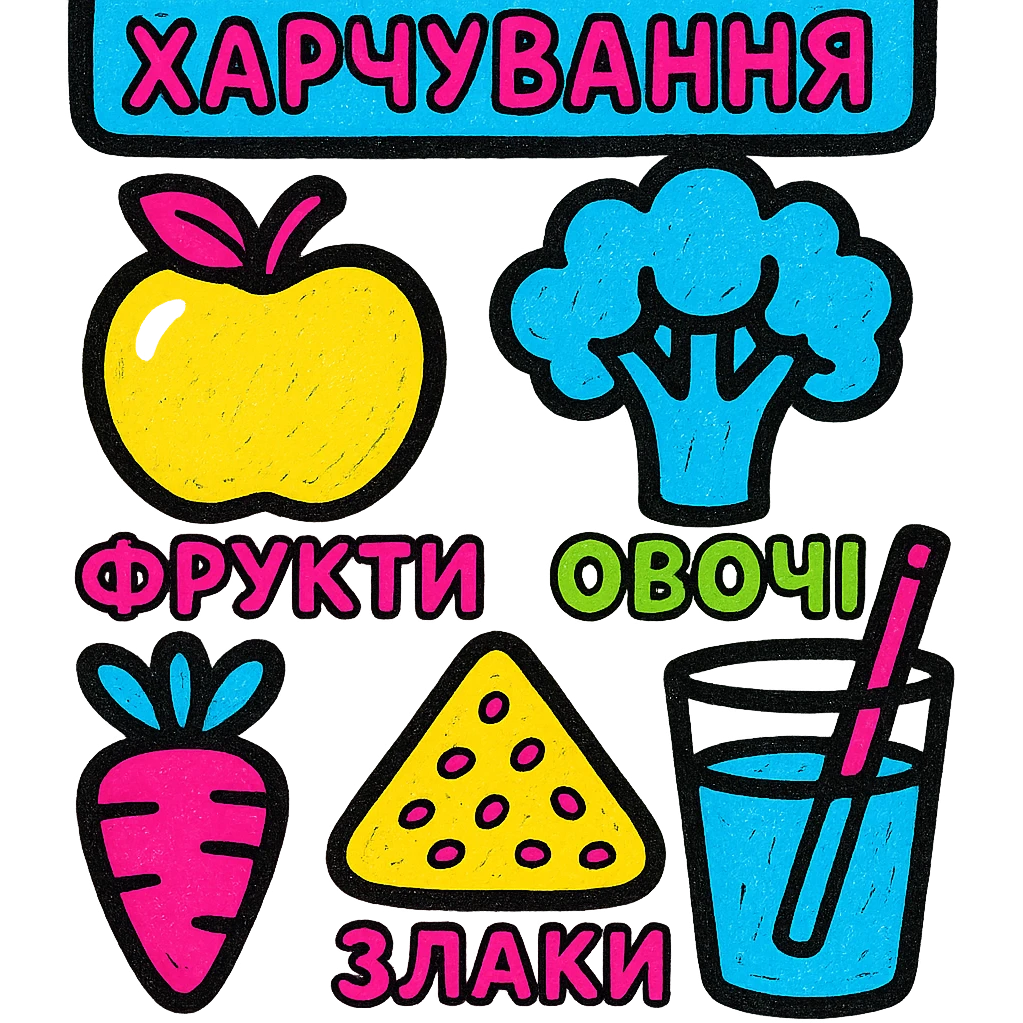 pop art style infographic on 'Здорове харчування' (Healthy Eating), vibrant colors, simple geometric shapes, bold text in Ukrainian, icons for fruits, veggies, grains, hydration emoji