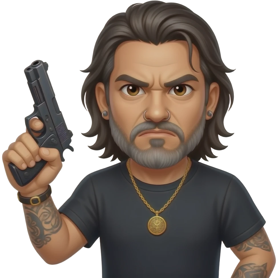 The handsome manly Latino podcast host with medium length hair, a long slightly graying beard and tattoos with his ears pierced 1 time each ear and a nose ring on the right side, dark brown eyes, jewelry, holding a pistol, angry AF emoji