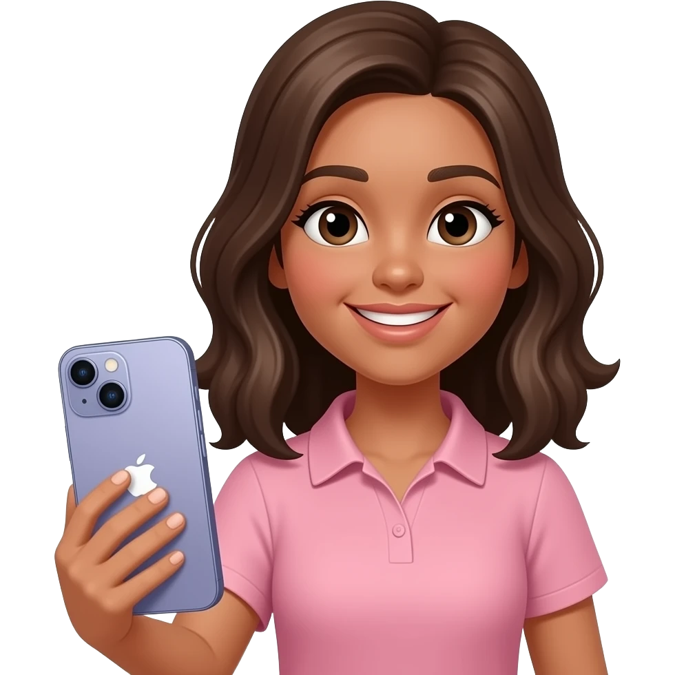 Chica morocha, pelo por los hombros, sonriendo y celular iphone 13 pro emoji