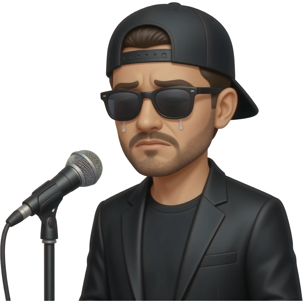 Wearing sun glassesSad, lonely, with tears running down his face divorced wearing all black and a backwards hat tattooed with a beard that’s turning gray Mexican man with headphones in the standing Microphone emoji