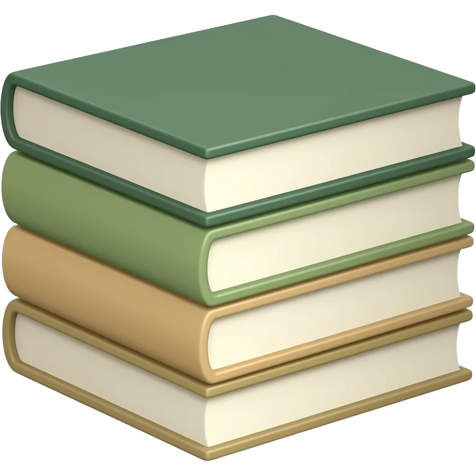 stack of books, clean and aesthetic, soft rounded edges,  muted earthy palette with dark olive green, soft sage green, warm beige and creamy tones emoji