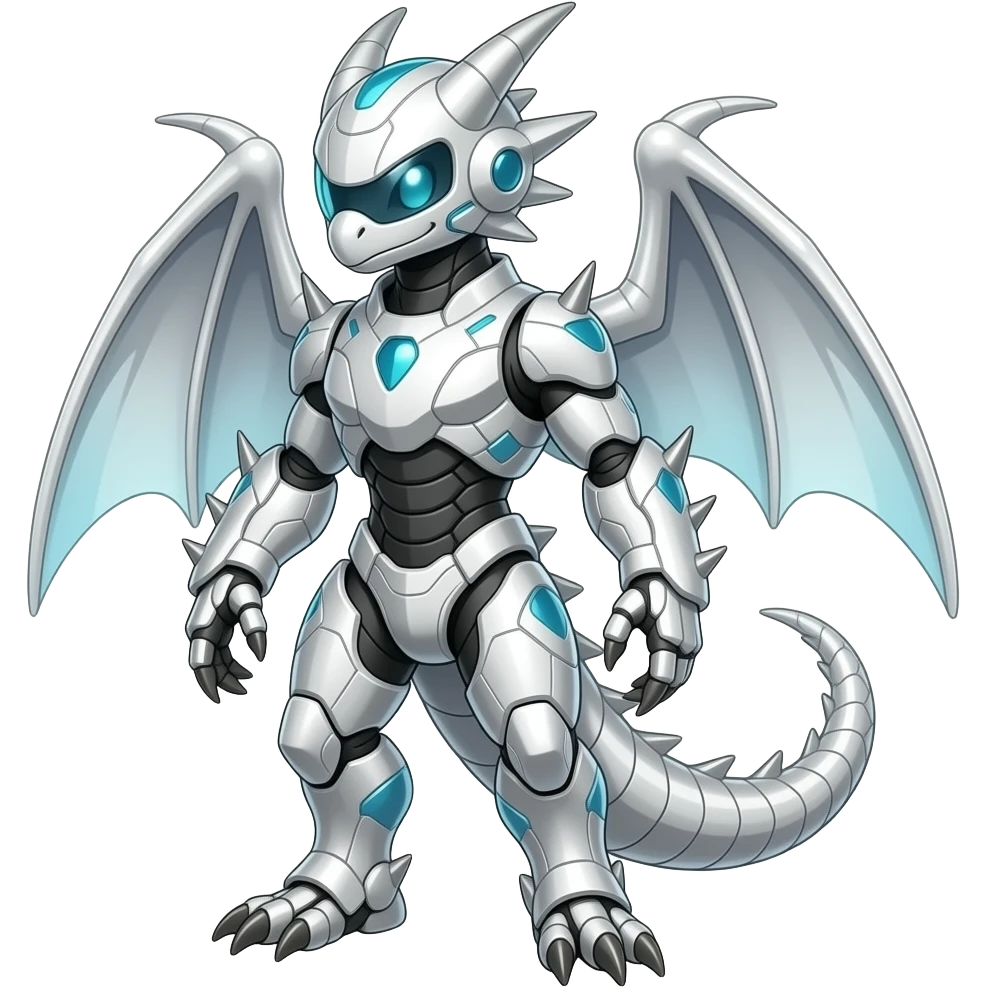 a shiny white Genesect-Flygon-Raptor-Fakémon—hybrid with a futuristic visor-helmet full body emoji