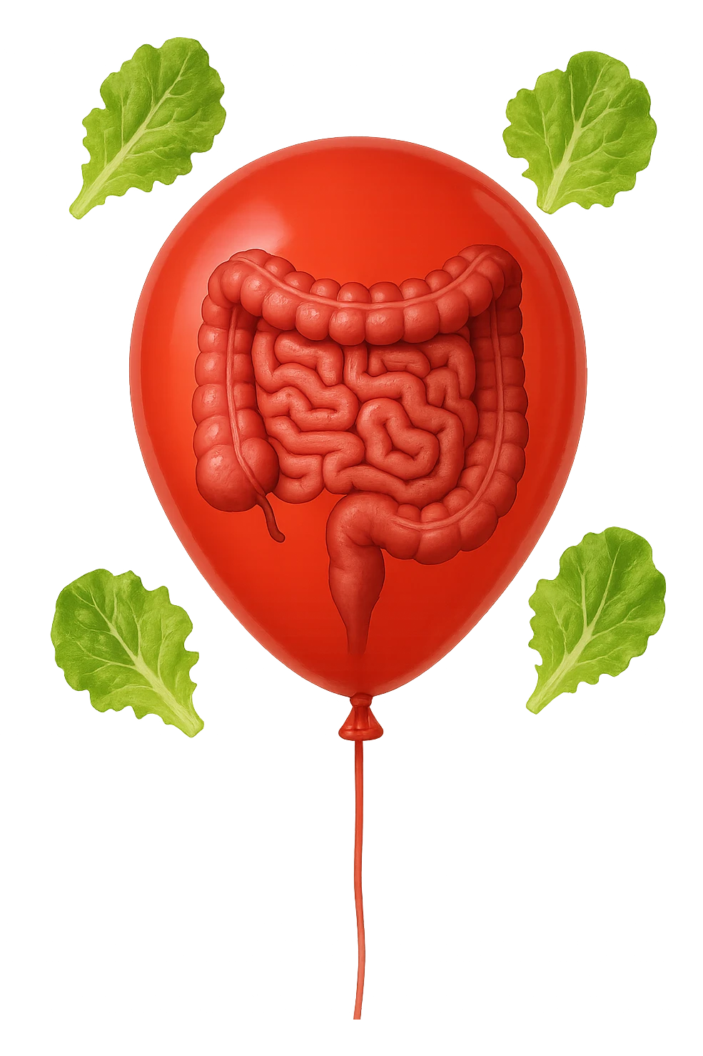 intestino chiuso in un palloncino rosso e foglie di insalata che fluttuano intorno emoji
