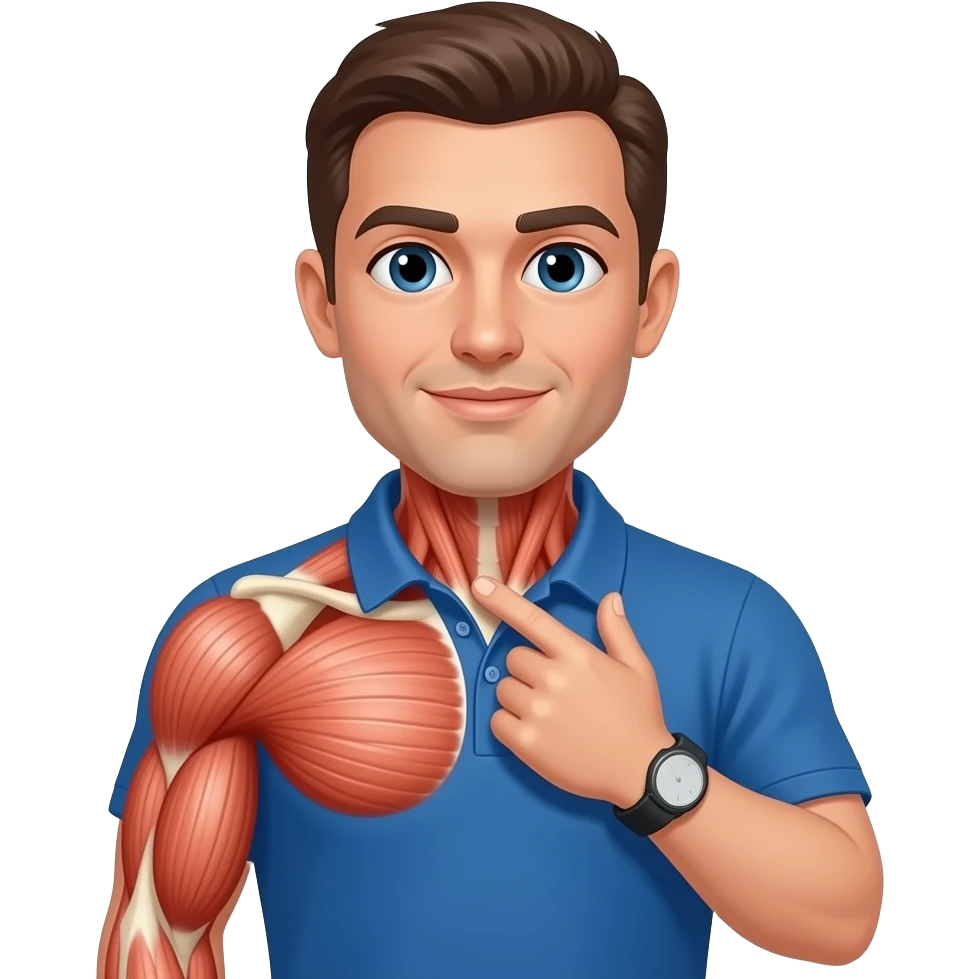 coach in a blue shirt touching his trap muscle with finger tips emoji