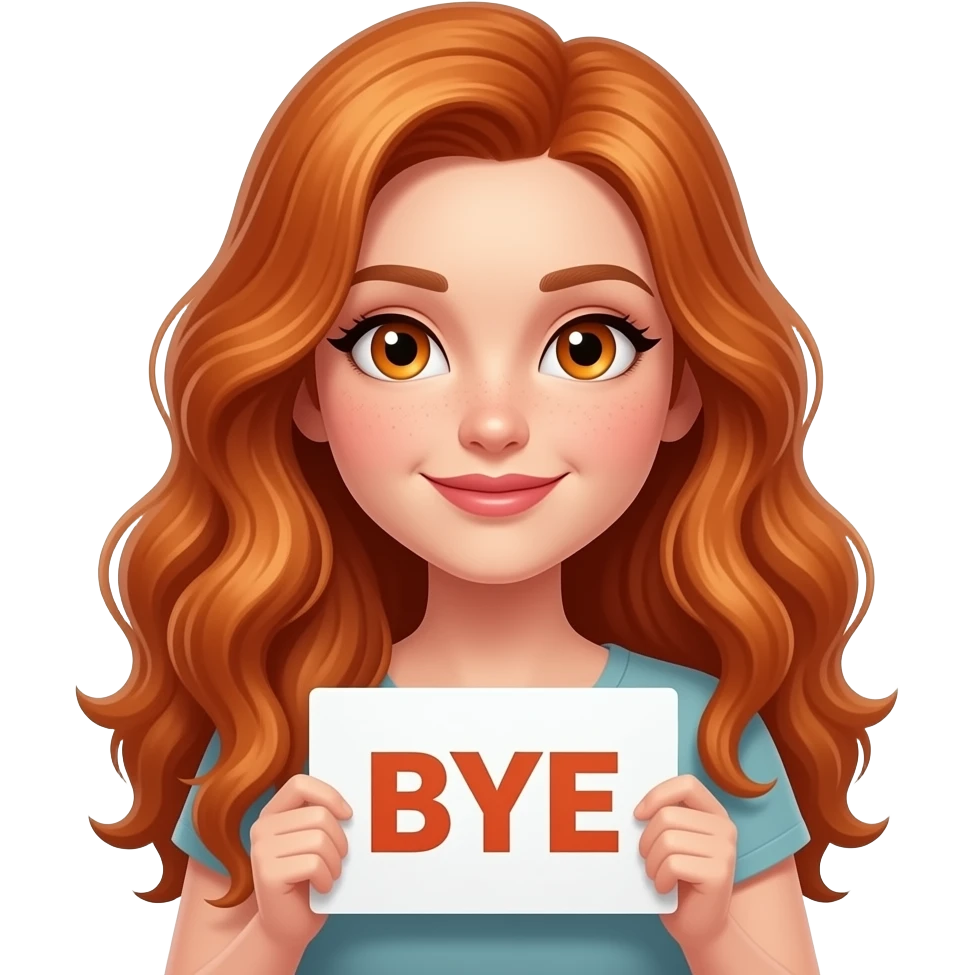 sexy girl with long wavy ginger hair and ginger eyes wearing a top is holding a BYE sign emoji