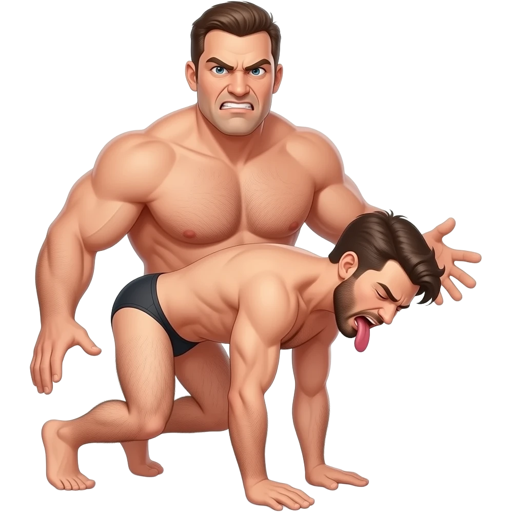 Naked hairy moaning man bending over, a stronger naked hairy angry man standing behind him emoji