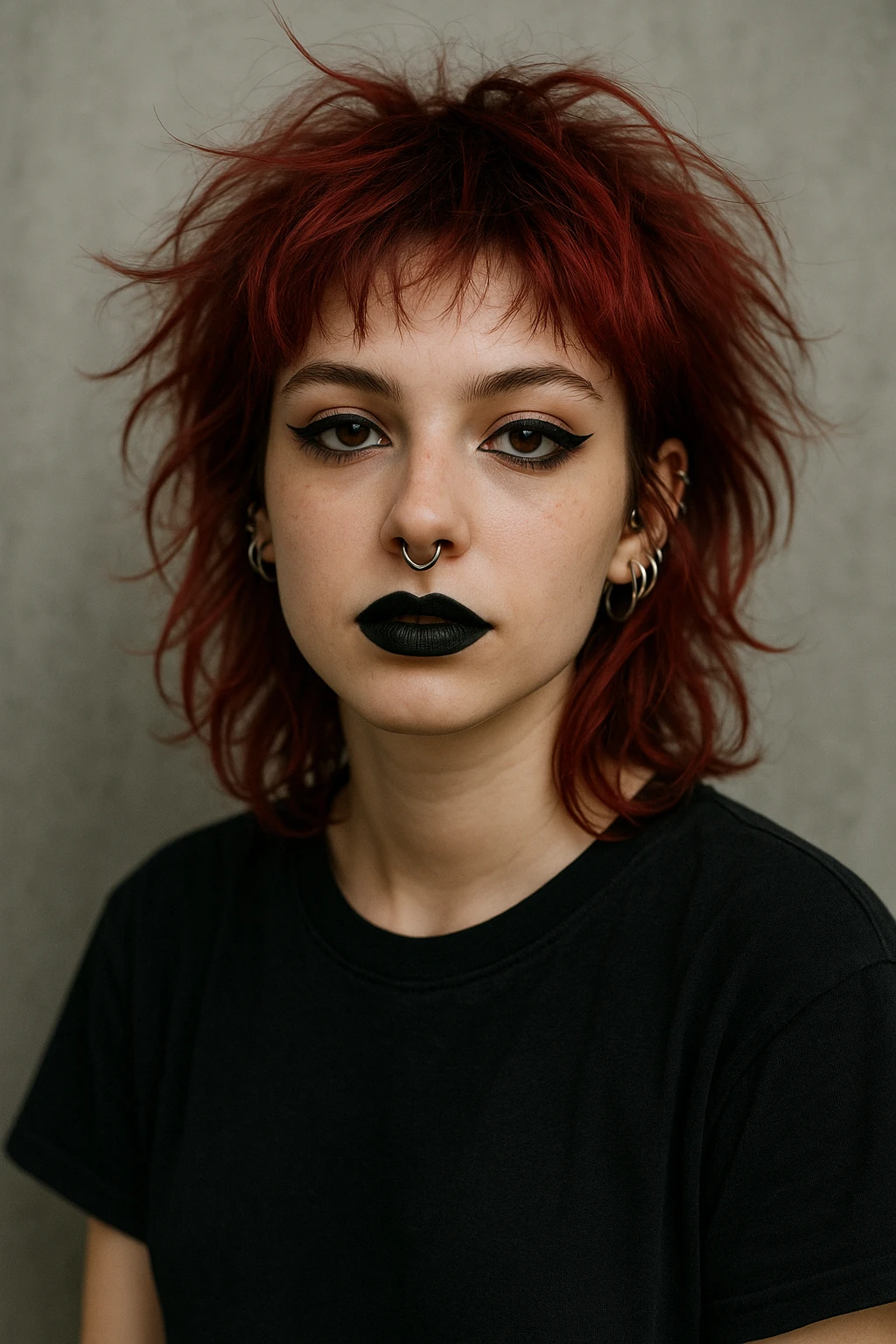 A fair-skinned girl, messy cherry red hair, black t-shirt, black eyeliner, black lipstick, septum piercing, multiple ear piercings, edgy style. emoji