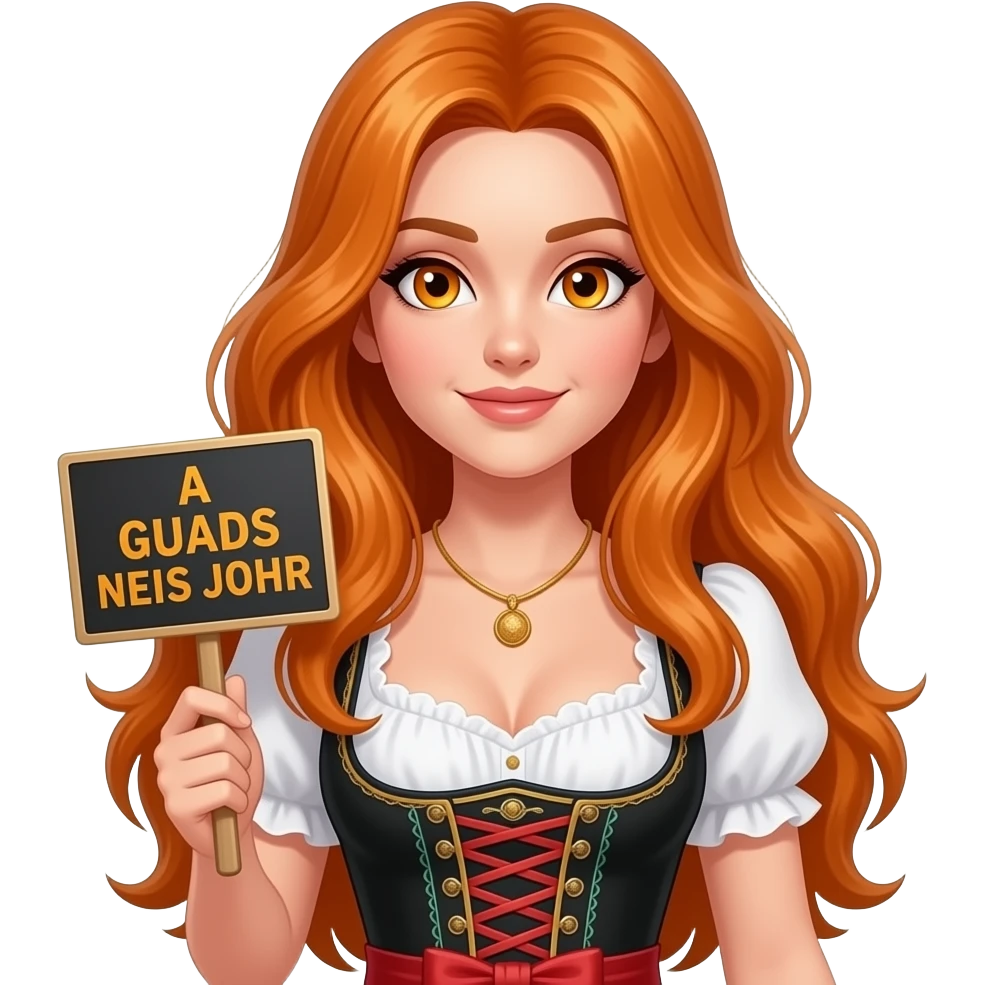 sexy girl with overlong ginger hair and ginger eyes wearing a dirndl holding a A GUADS NEIS JOHR sign emoji