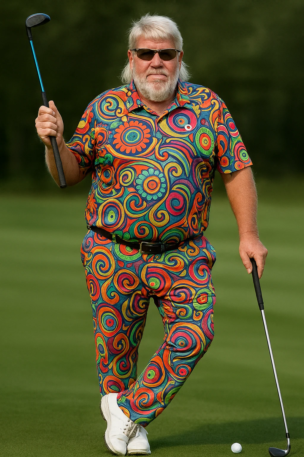 Edit the image to look identical to John Daly: white spiky hair, mullet, goatee, sunglasses, colorful patterned golf shirt and pants, holding a golf club, realistic facial features, transparent background. emoji