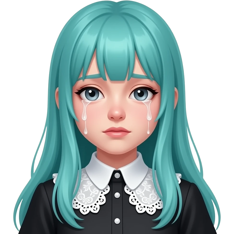 girl, crying, long flowing teal hair, grey eyes, black shoulder cyberpunk blouse with fancy white collar emoji