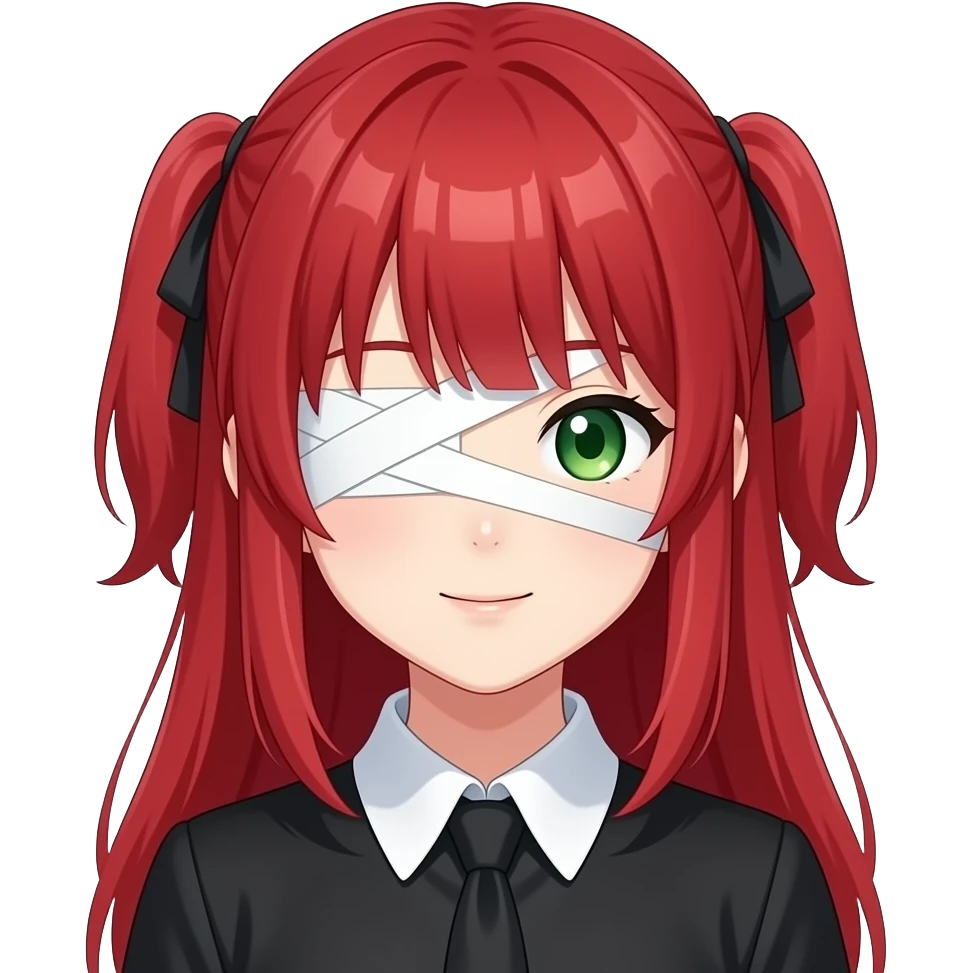 anime girl bandage over eyes red hair green eyes black blouse with white collar emoji