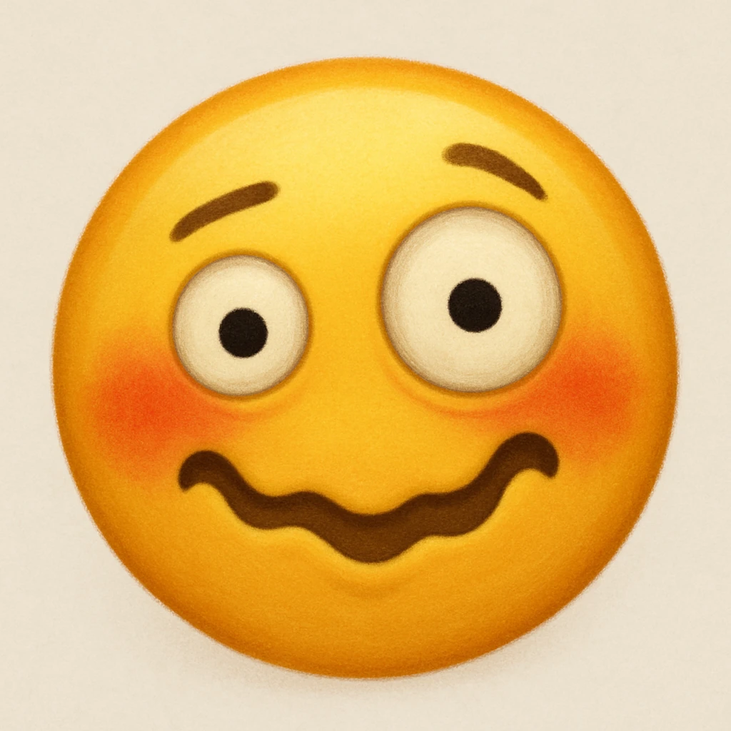 yellow face with flushed cheeks, uneven pupils, silly grin, drunk expression emoji