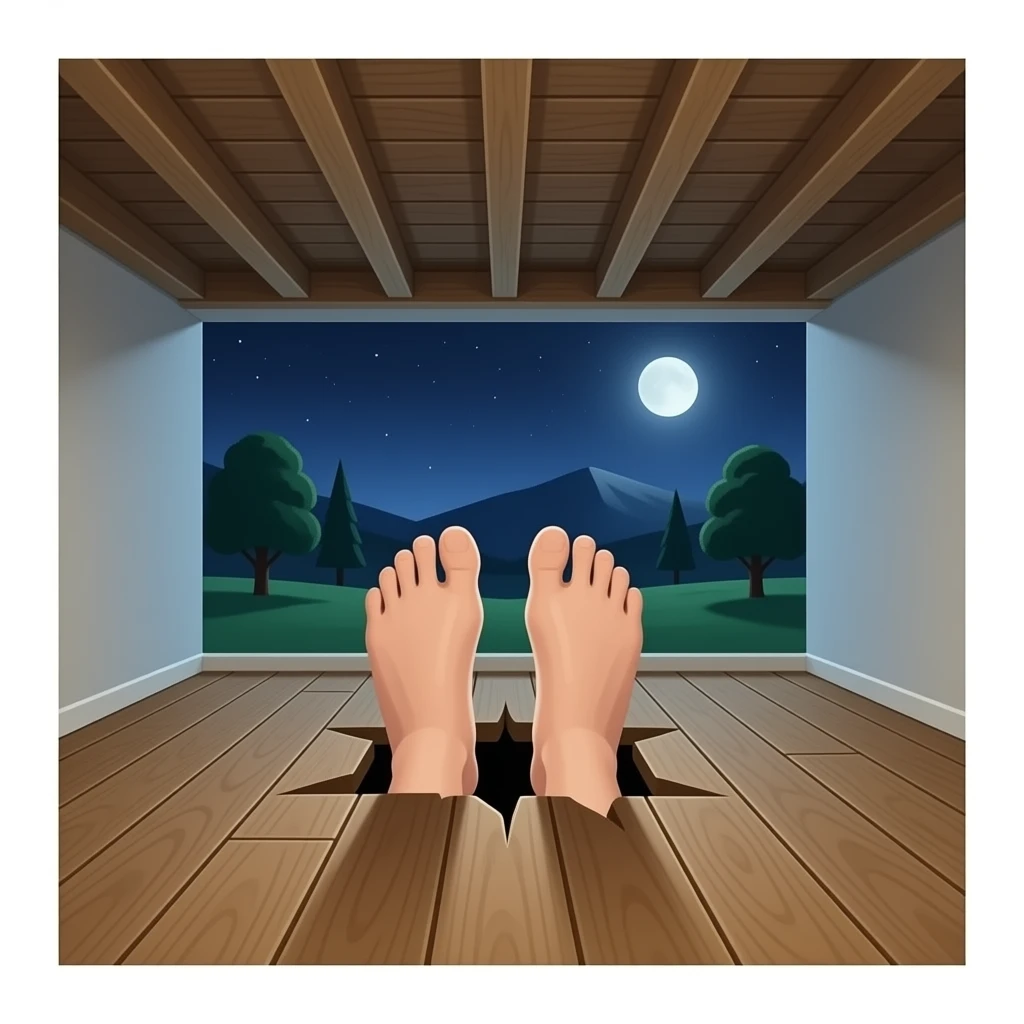 ceiling with exposed floorboards and feet seen standing on the above floor through one of the floorboard gaps emoji