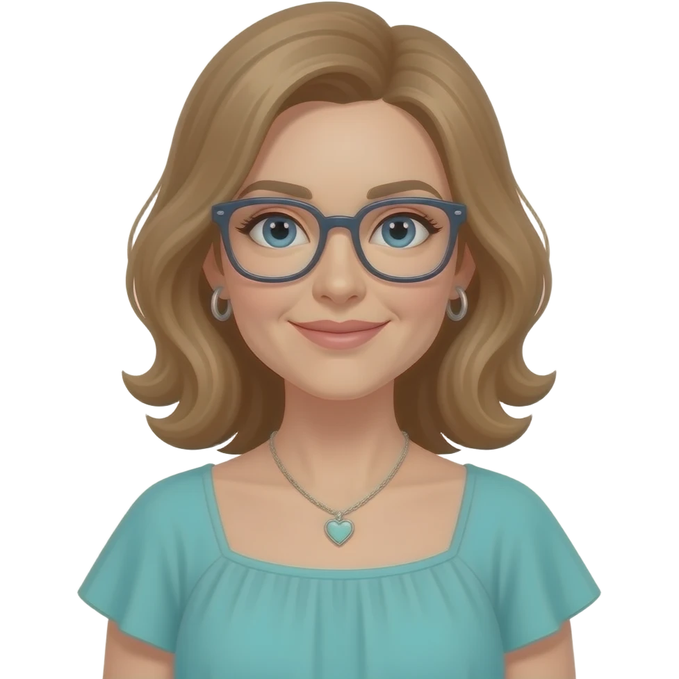 AJM - woman, narrow face, blue eyes, mid 40's age, silver small hoop earrings, light brown hair, rectangular glasses, shoulder length wavy hair, small tiffany heart necklace, teal summer dress emoji