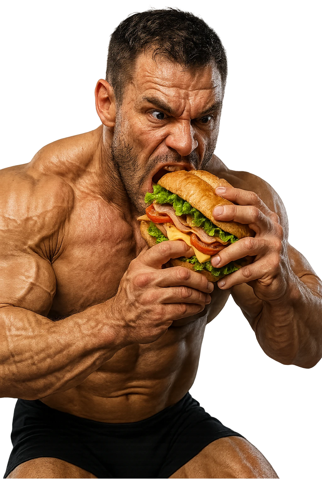 bodybuilder che mangia affamato un panino, iperrealistico 4k emoji