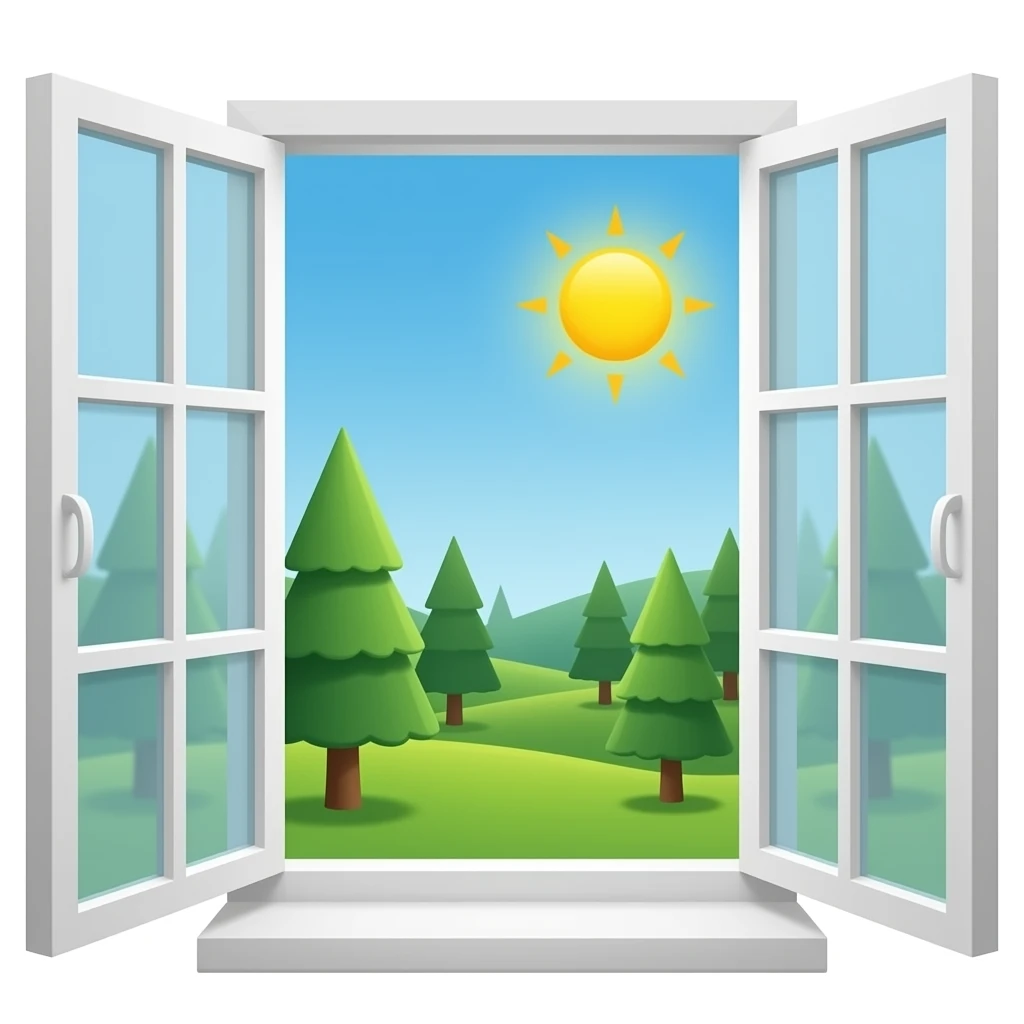 a window overlooking green trees and the sun emoji
