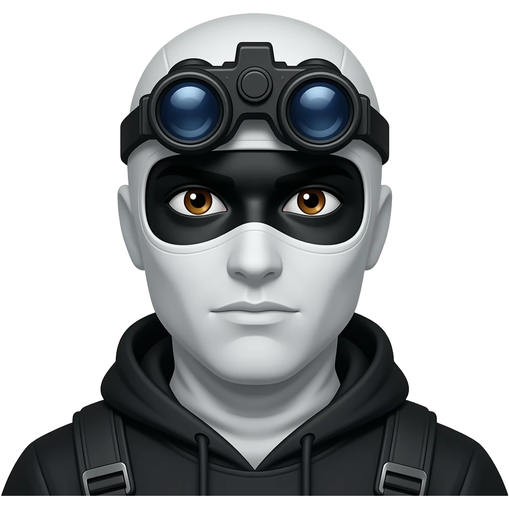 man with brown eyes wearing black clothes, face painted black and a black-white balaclava and a black night vision device on his headtop emoji