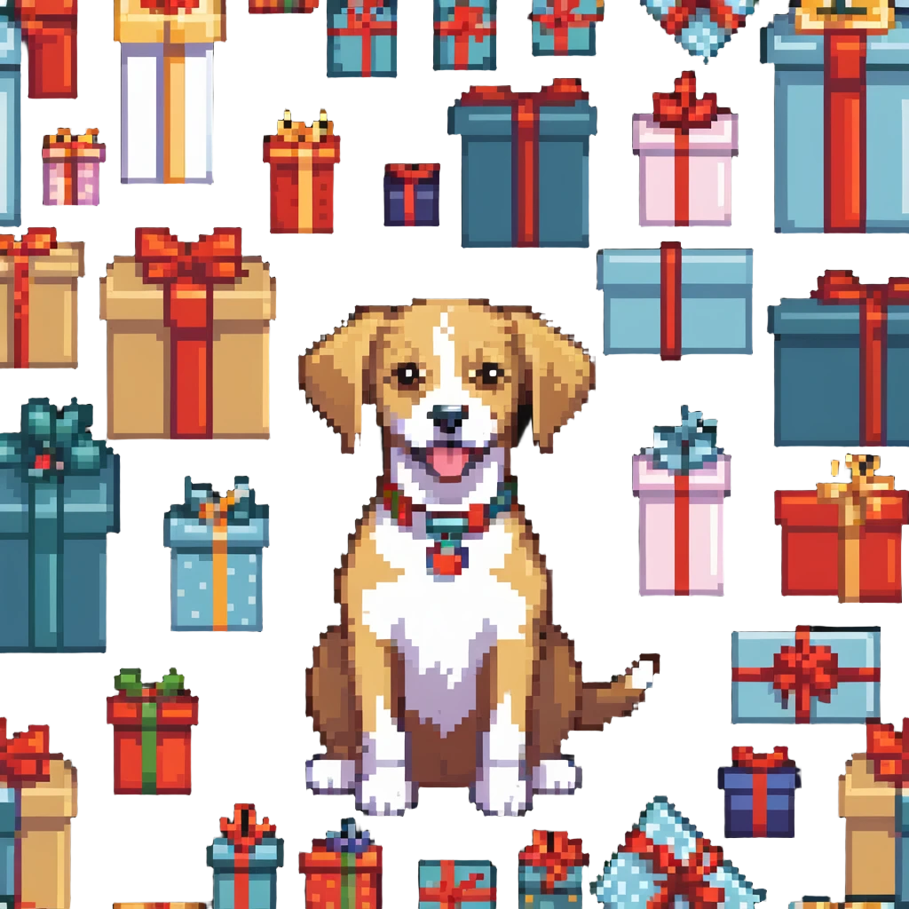 dog surrounded by gift boxes emoji