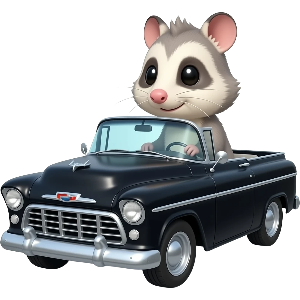 possum driving black 1955 chevy 3/4 view emoji