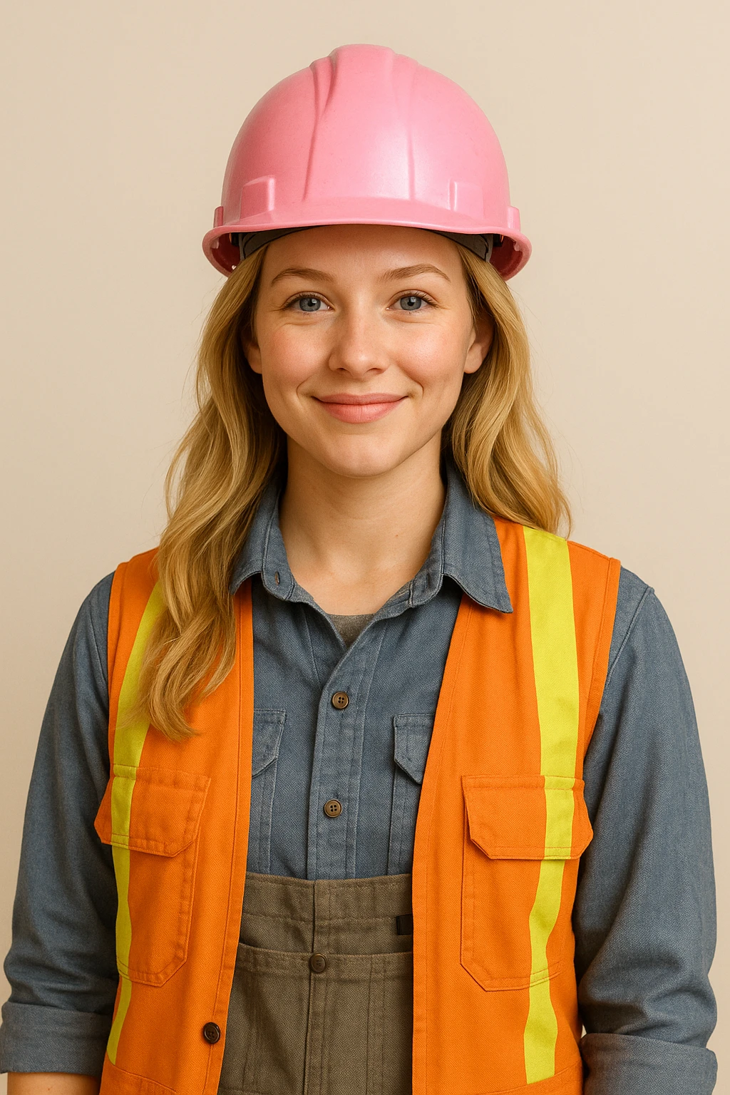blonde girl construction worker wearing a pink helmet, friendly expression, construction attire, simple background emoji