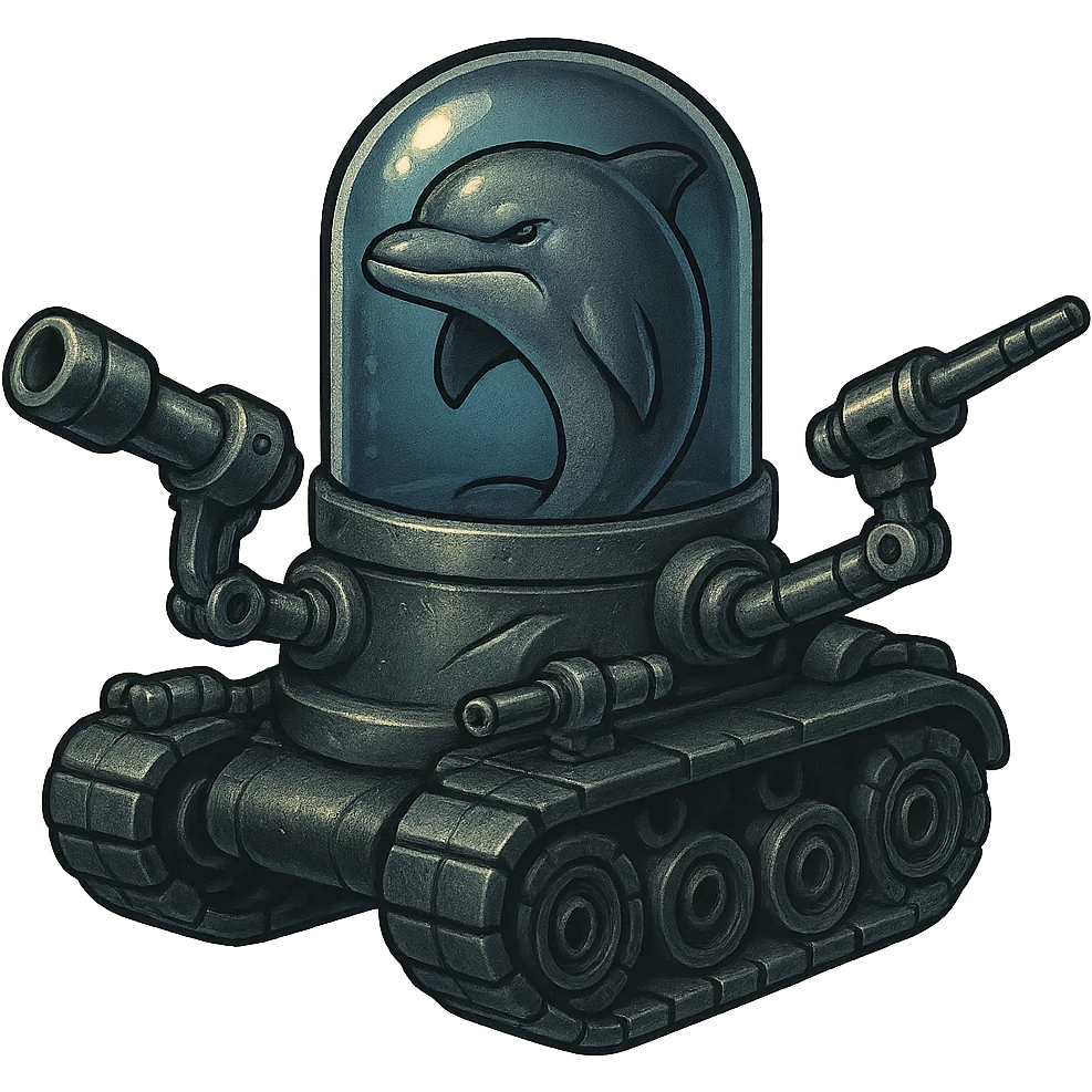 Create a retro sticker style image of a dolphin in a water tank mounted on tank treads, with robotic arms equipped with ranged weapons. The dolphin and tank should look very menacing with a gritty metallic look. The water in the tank is always blue. No border around the image. emoji