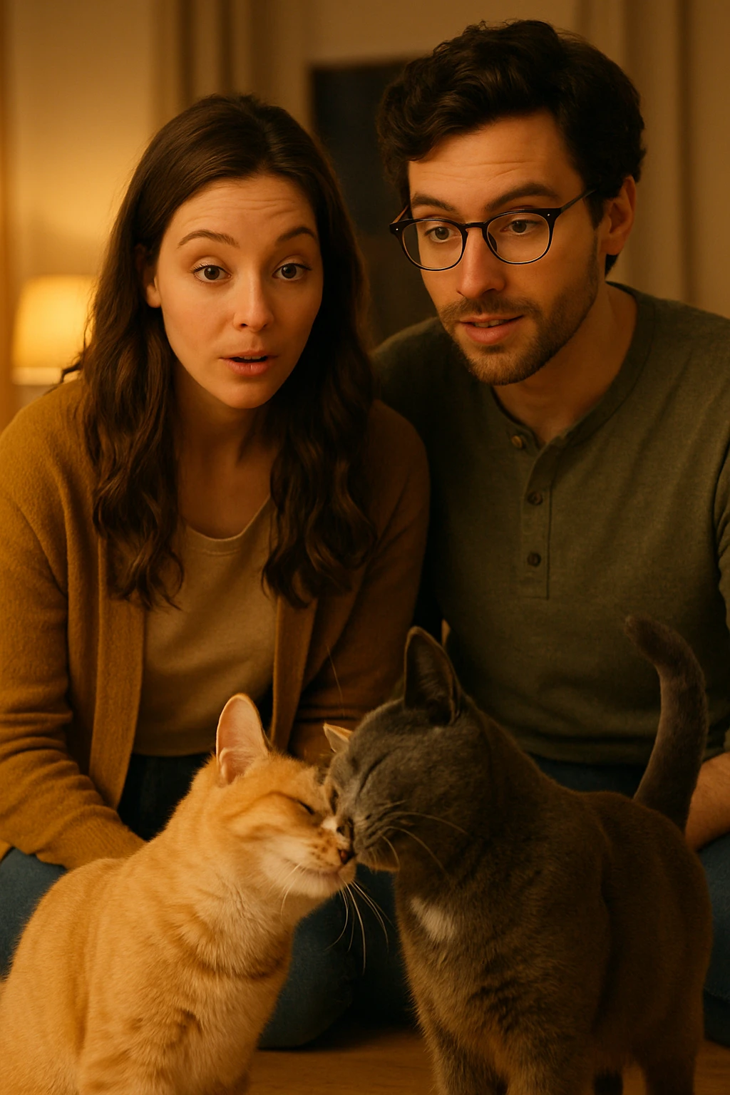 Vertical format: A man and woman observing two cats affectionately rubbing against each other, the couple appears curious and inspired, domestic environment, warm light. emoji
