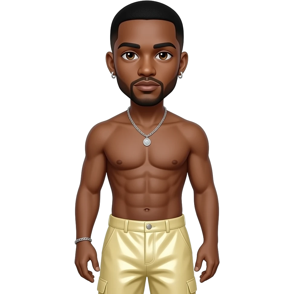Usher with brown eyes, black buzz cut hair, pale yellow metallic baggy pants, shirtless with necklace and earrings emoji