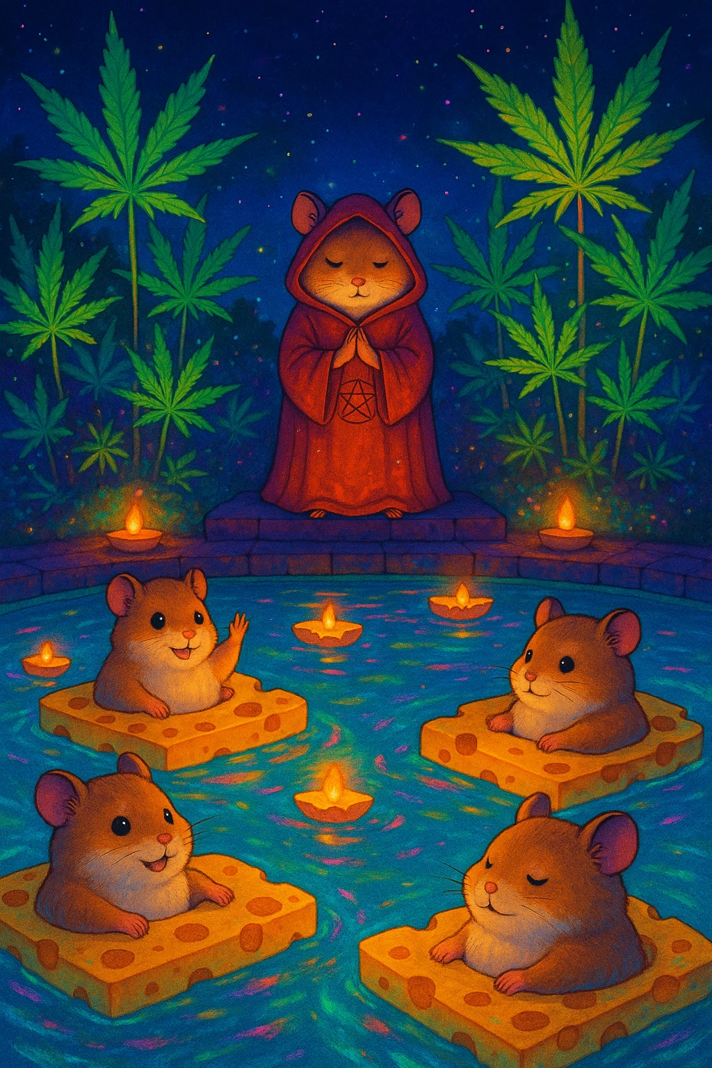 Night-time hamster cult pool party with weed leaves, cheese floats, dazzling saturated colors, magical colorful Ghibli style emoji