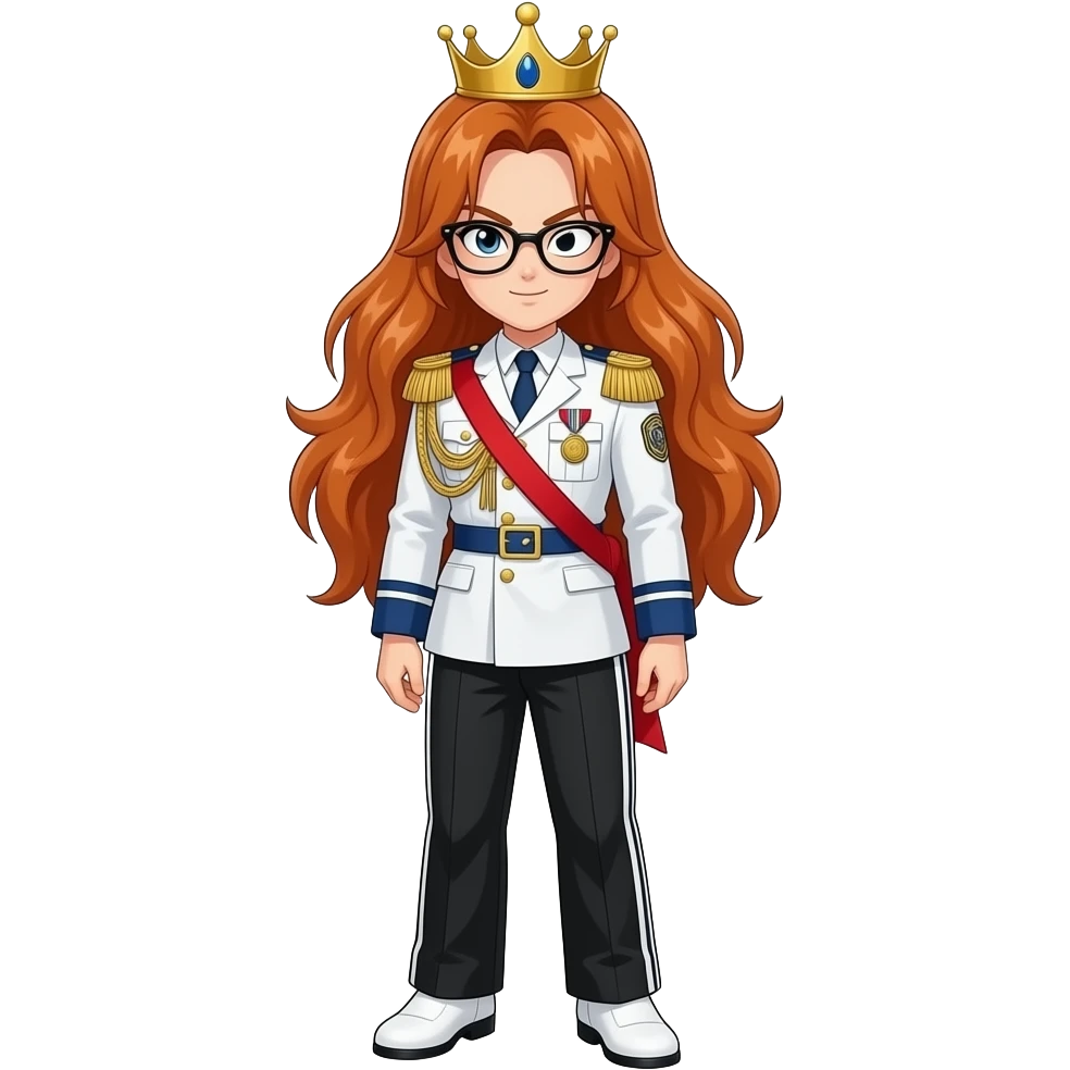 brown bushy auburn haired female android 21 from dragon ball super are wear gold tiara black glass white military tunic arm badge shoulder cord medal red sash blue belt black trouser with two side stripes white shoes and become as evilness eye white emoji