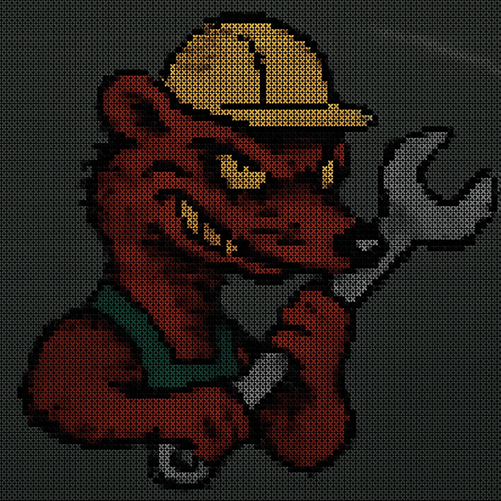 AN ANTHROPOMORPHIC WEASEL WITH A HARDHAT AND A LARGE SPANNER WRENCH - AIRPLANE FUSELAGE nose art 1940s era - he has a very VERY dark and mischevious look in his eye- grinning - digital scanner projection, virtual digital RETRO DOS ASCII ART [low resolution] emoji