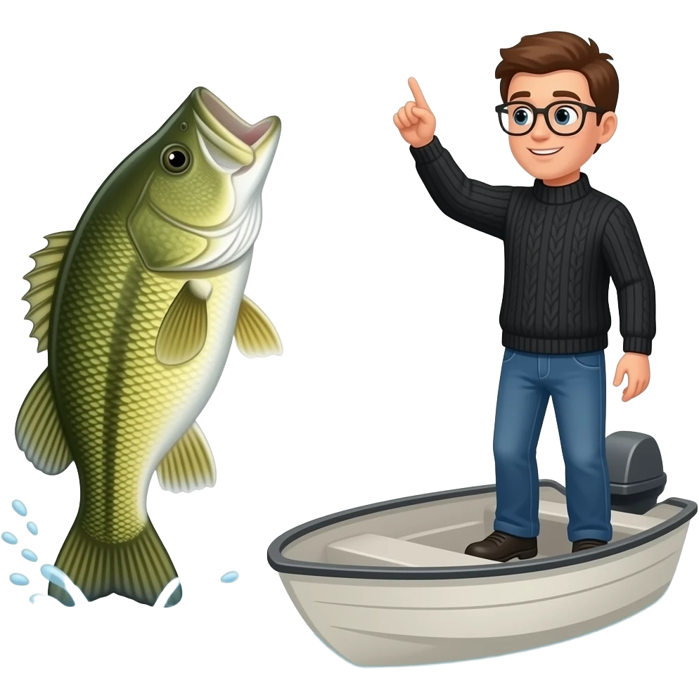 a guy in a black sweater standing on a boat watching a bass fish swim away emoji