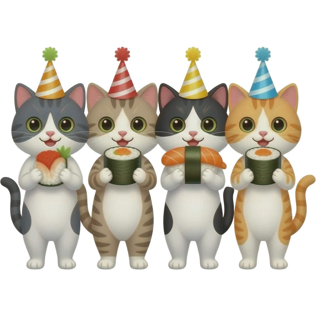 four happy cats enjoying sushi and wearing party hats emoji