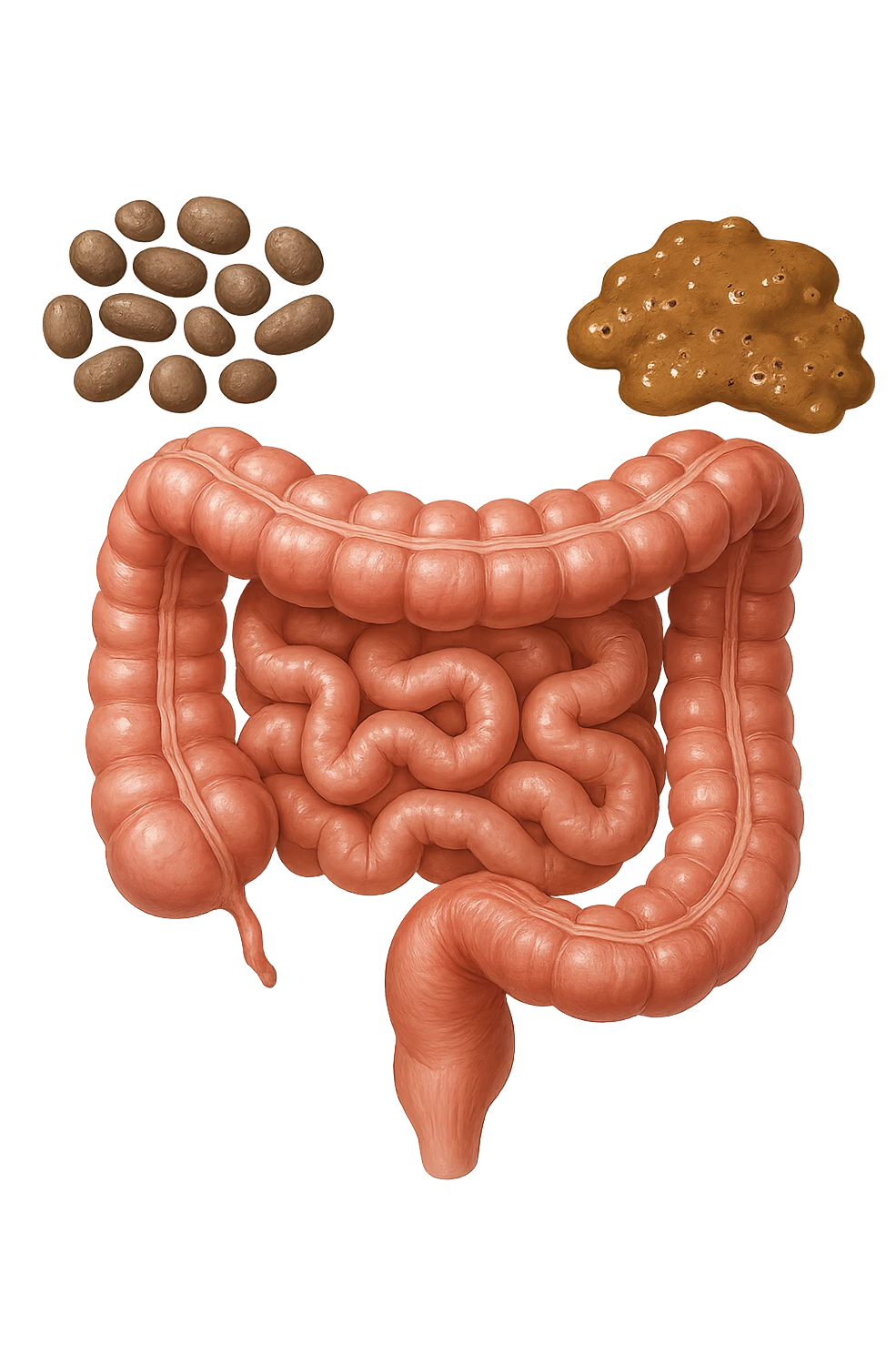 INTESTINO UMANO ANATOMICO REALISTICO CON FECI A PALLINE E FECI LIQUIDE CHE FLUTTUANO DIETRO BEN DISTINTE, IPERREALISTICO 4K emoji
