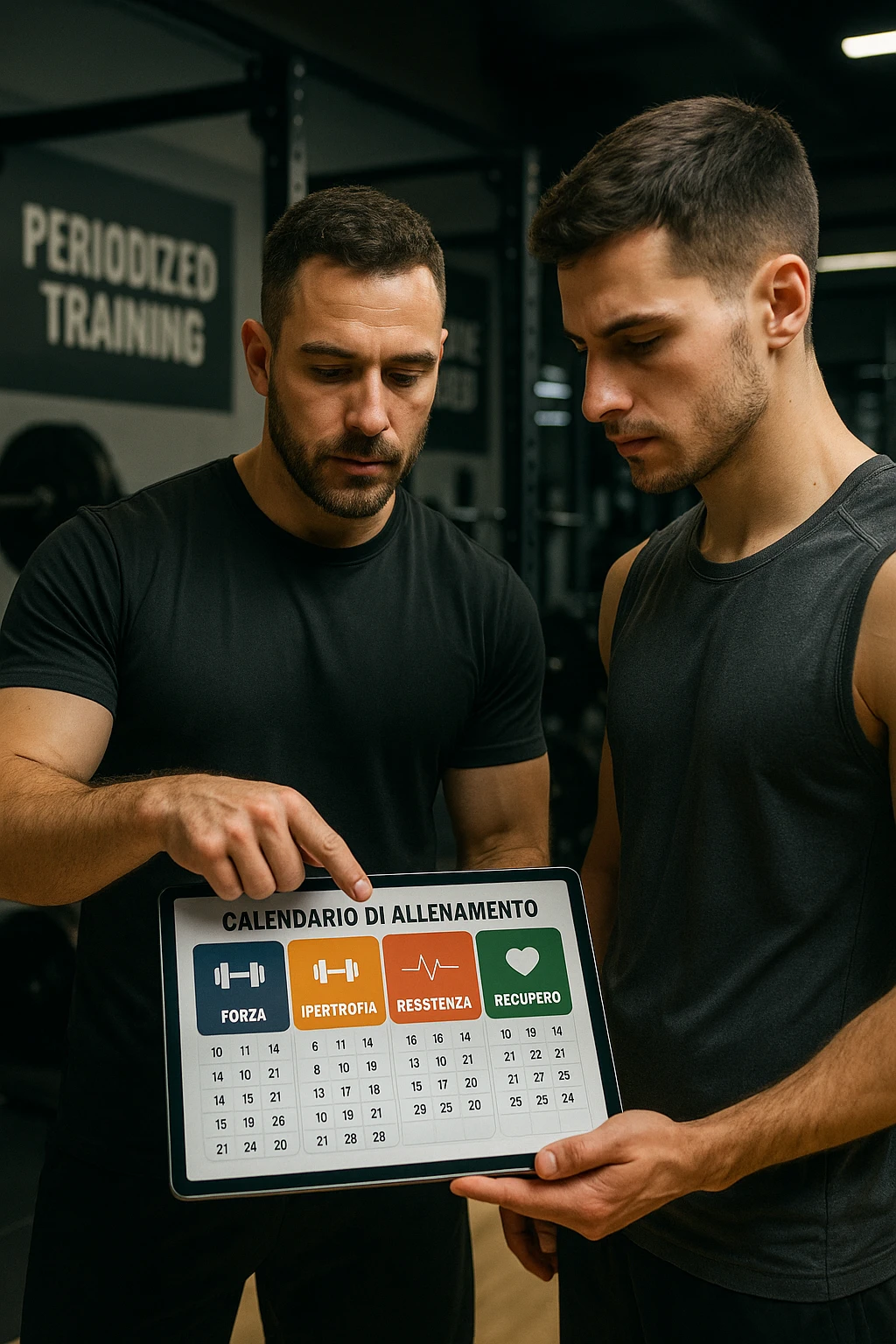 realistic cinematic photo a personal trainer and a client stand in a modern gym, reviewing a large, color-coded training calendar or chart on a tablet. The calendar shows different phases (Forza, Ipertrofia, Resistenza, Recupero) with icons and dates. Around them, gym equipment and motivational posters reinforce the idea of structured, periodized training. in italiano emoji