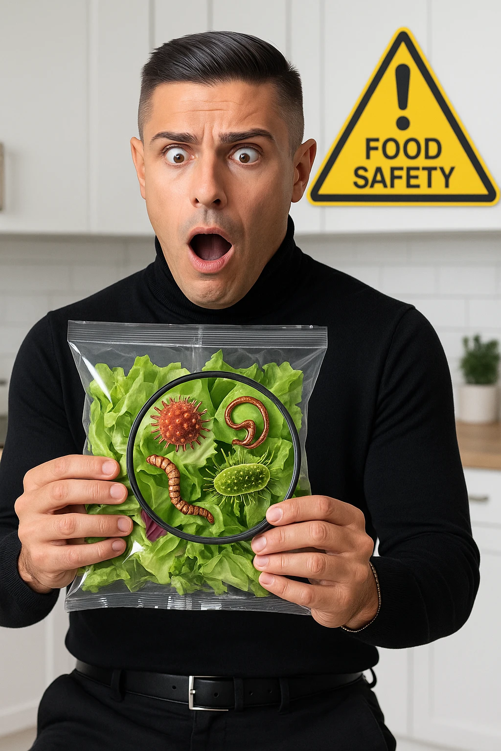 a man holds a bag of salad with both hands, his face frozen in shock as he looks at the contents. Inside the bag, exaggerated but realistic depictions of parasites and bacteria are visible, some highlighted with a magnifying glass overlay. The background is a clean kitchen, and a warning sign appears in the corner to reinforce the message about food safety. emoji