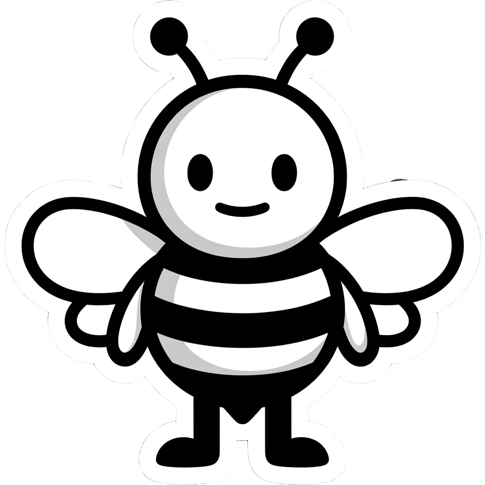 minimal bee mascot, straight mouth line, dot eyes, calm expression, ultra minimal black and white, bold outline, white sticker border emoji