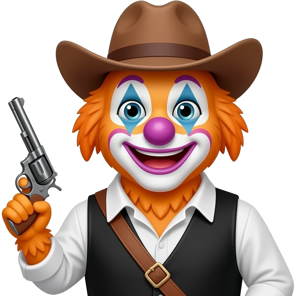 orange, purple Rooster clown face, black vest cowboy with gun emoji