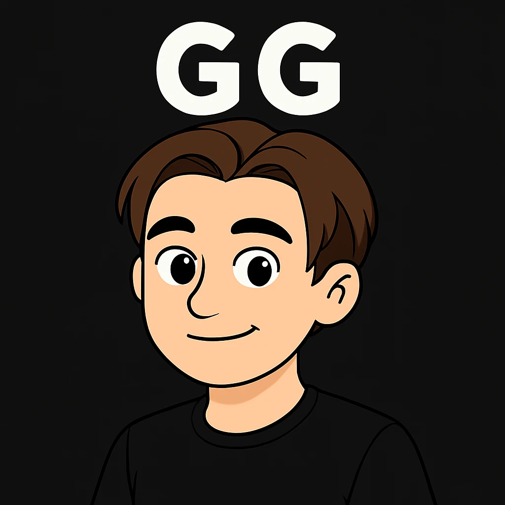 Edit the image of the boy to show him smiling with the text "GG" above his head, wearing a black shirt. Keep the face and style as in the original image. emoji