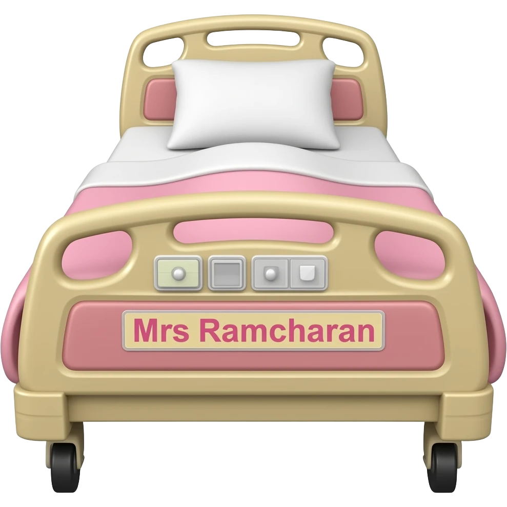 Pink and gold hospital bed with name Mrs Ramcharan emoji