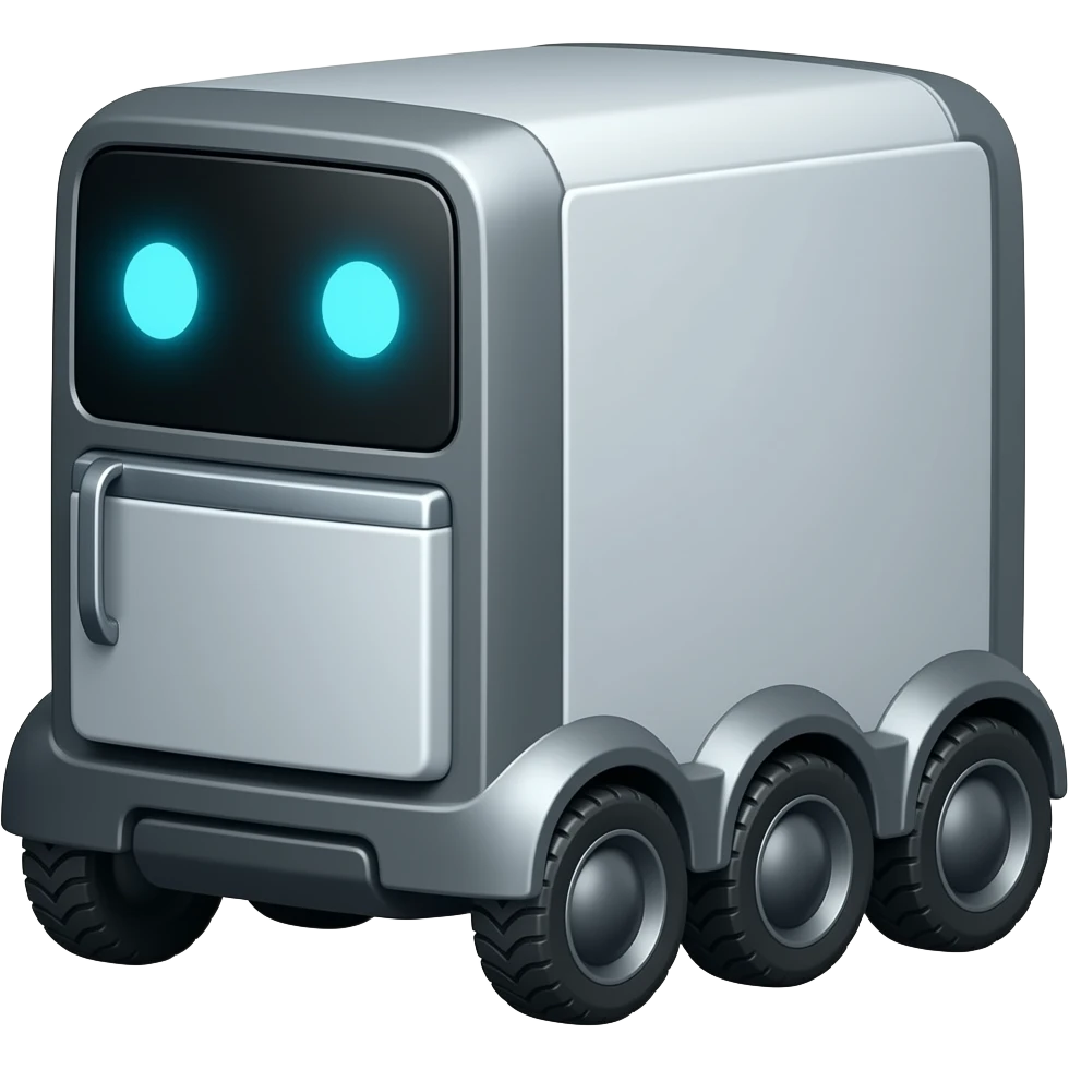 Solid rectangle Delivery robot with display showing blue eyes 6 wheels and fridge design emoji