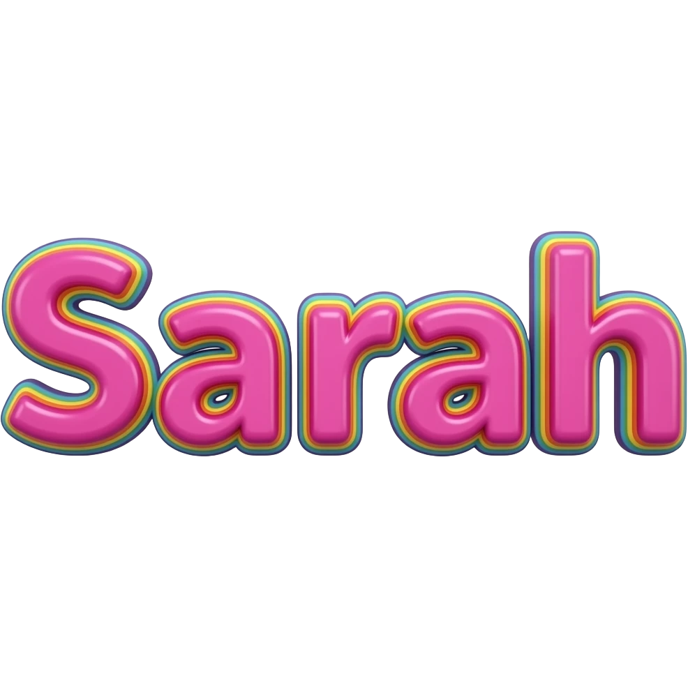 name "sarah" in hot pink, 3D style typography lettering, each color of the rainbow as a border outlined around each letter, isolated, 3d rendering, no emoji icons no emoji faces and must have no human figures emoji