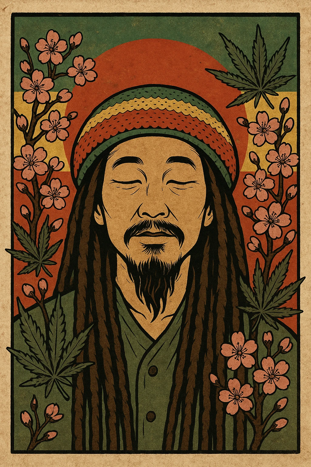 Vintage poster of an Asian Rasta with long dreadlocks, peaceful eyes, and a red-gold-green tam. Surrounded by cherry blossoms and ganja leaves. Background blends Rasta colors into an Asian flag (e.g., red sun from Japan or Chinese star). Retro reggae fusion vibe, with bold lines and aged paper texture.
 emoji