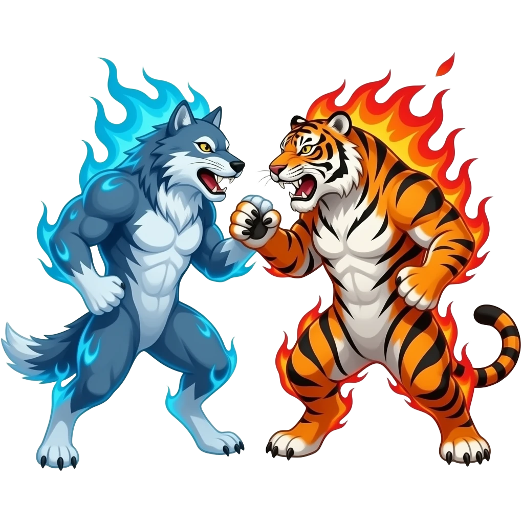 Wolf with blue flames fighting a tiger with red flames emoji