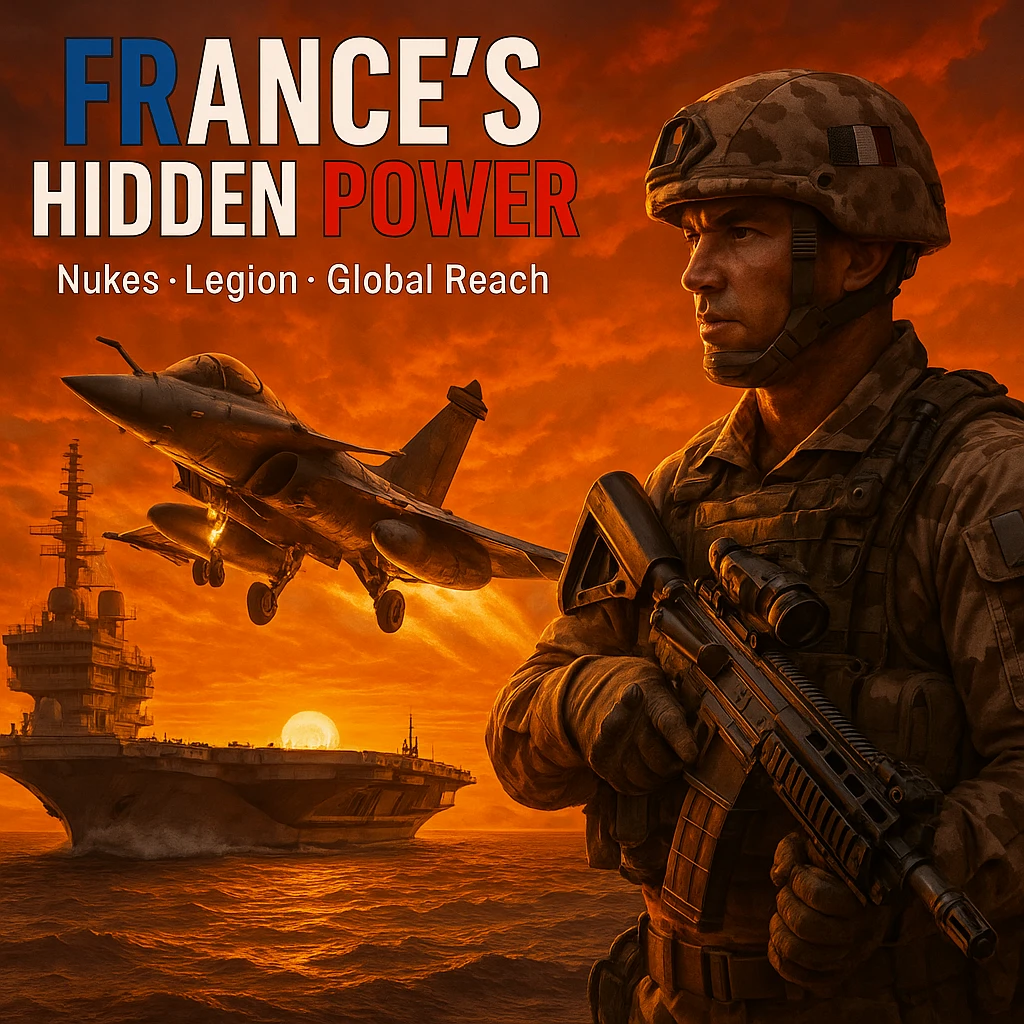 epic sunset scene of Rafale fighter jet taking off from a French aircraft carrier with an orange sky, foreground showing a French Foreign Legion soldier in desert camo holding an advanced rifle, bold French flag-colored headline 'FRANCE’S HIDDEN POWER', subtext 'Nukes • Legion • Global Reach', 8K, dramatic lighting emoji
