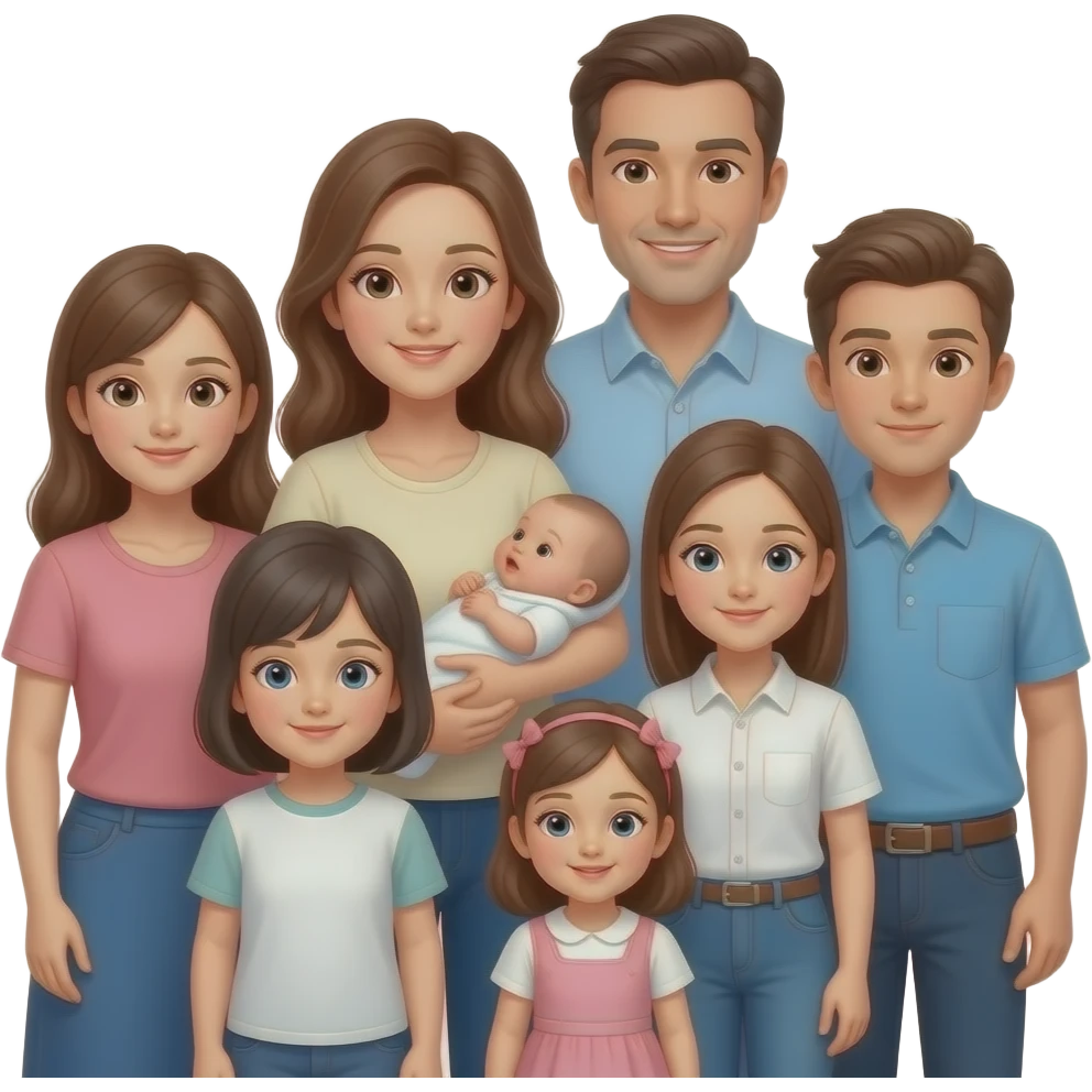 family of 8 white people and all with brown hair with 2 parents mom holding a newborn baby girl and dad with 6 kids in age order- girl-13, boy-10, boy-10, girl-8, girl-1 emoji