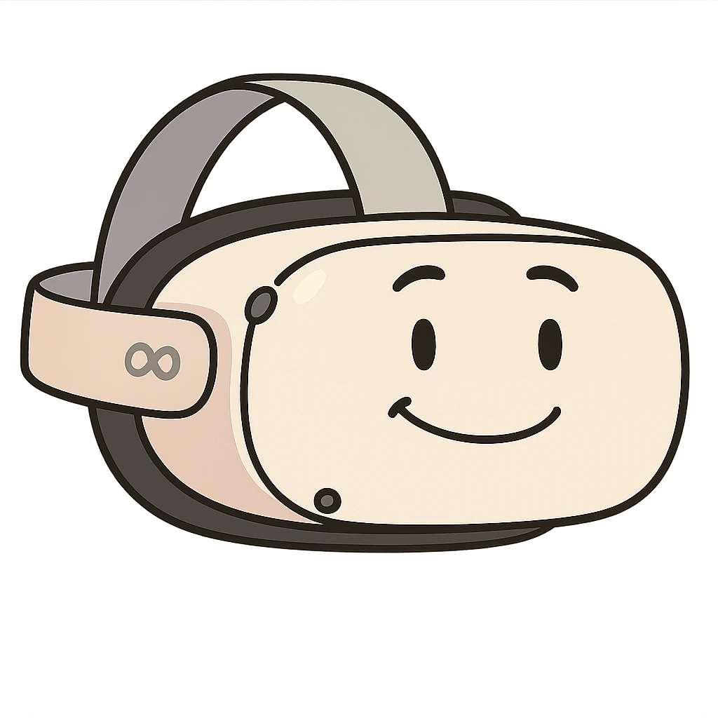 cartoon version of Meta Quest 2 VR headset, slightly smiling, white body, black faceplate, outlined in bold lines emoji