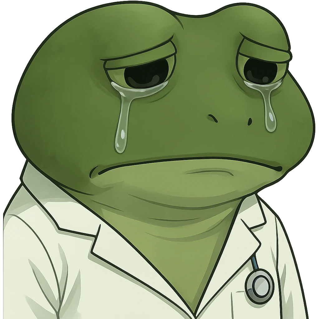 Add visible tears to the bufo frog doctor wearing a medical coat, with downcast sad eyes looking at the camera, no background. Keep the bufo frog style and emphasize the tears and sadness in the eyes clearly. emoji